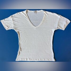 Lacoste Linen Blend V-Neck Tee White Women’s Size 40 M Button Shoulder EUC